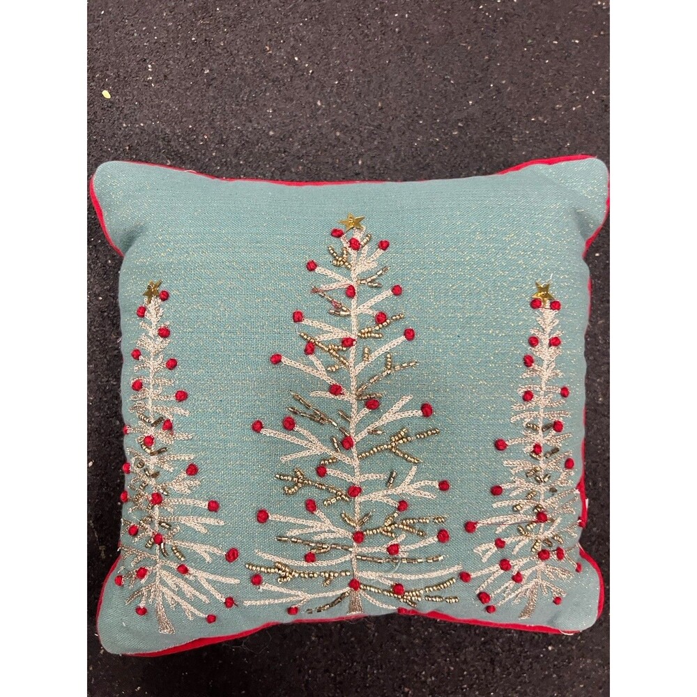 12" blue square down Christmas Tree Beaded Pillow blue Cherished Traditions
